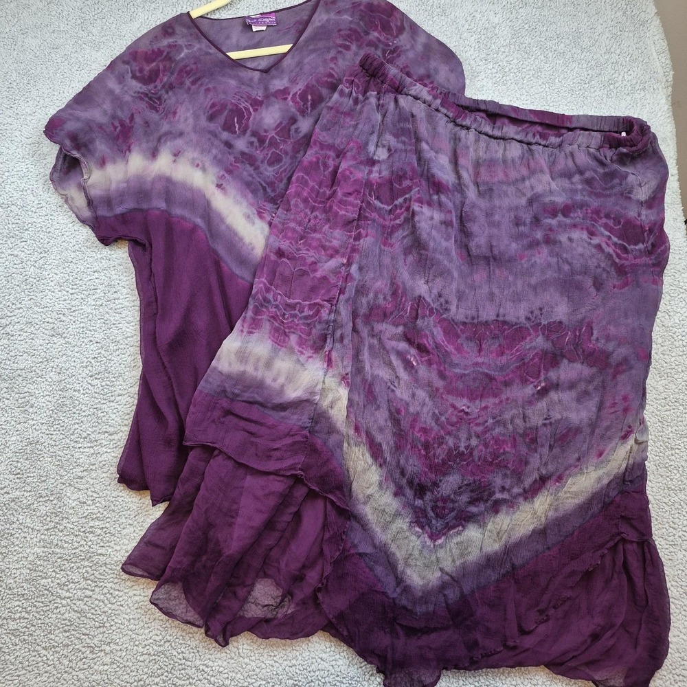 3 Piece Silk Purple Carole Dolighan Tie Dye Skirt Top Shell USA Made Vintage XXL